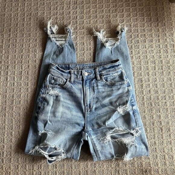 American Eagle AE Stretch Regular Straight Jean Light Blue Size 00 Distressed - Picture 1 of 9